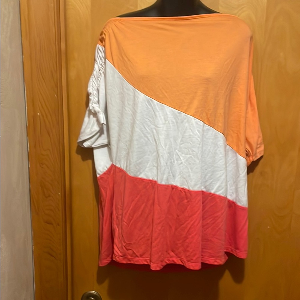 Colorblock Off-Shoulder Top - Orange, White, and Red